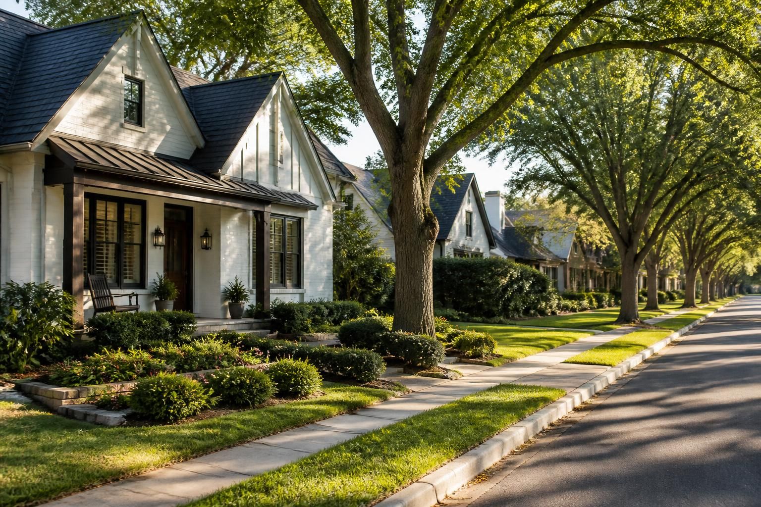 Carrollton neighborhood street with tidy homes and trees.