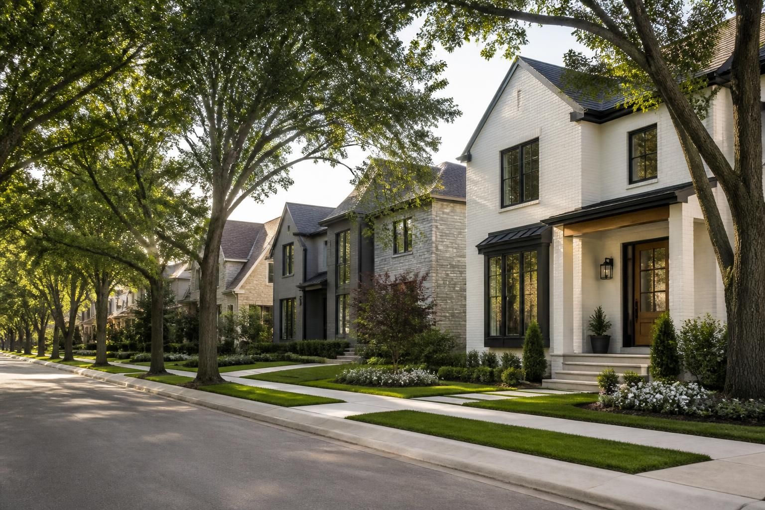 Dallas neighborhood street with modern homes and trees.