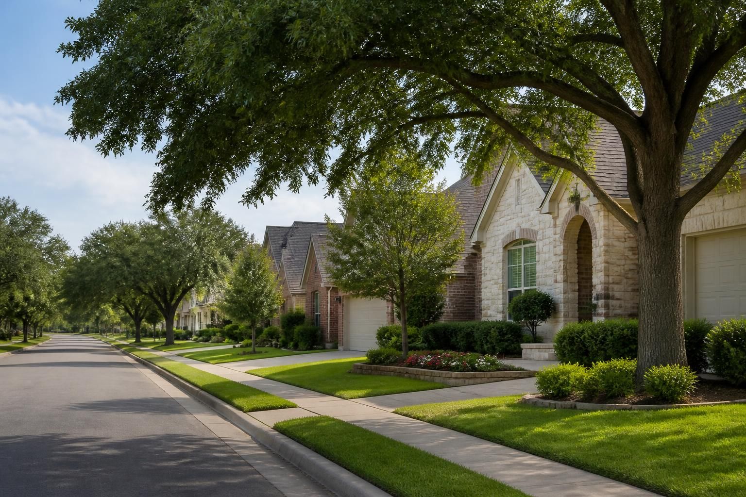 Garland neighborhood with tidy houses and quiet streets.
