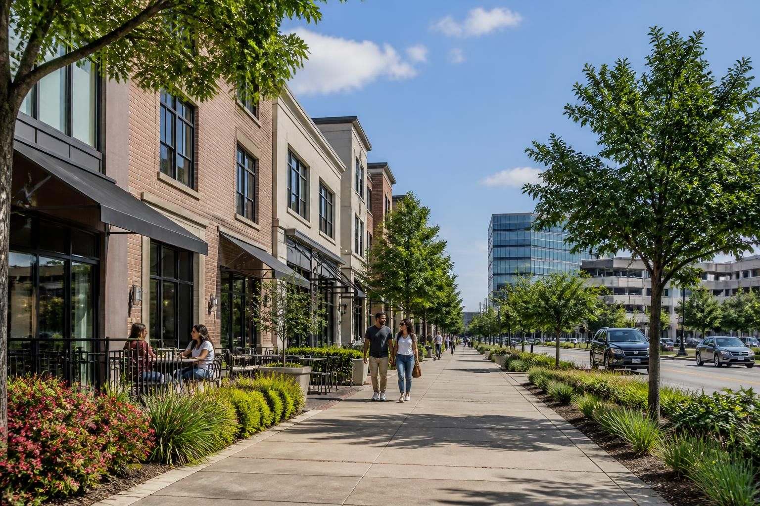 Irving streetscape with clean buildings and landscaping.