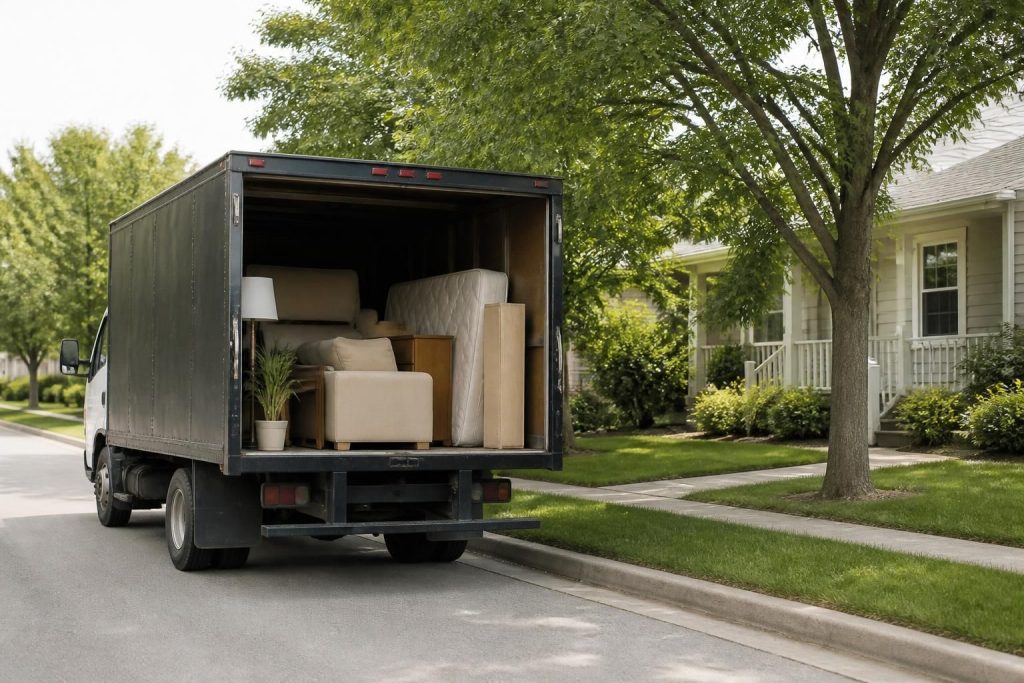 Neatly loaded junk removal truck parked beside a tidy curb.