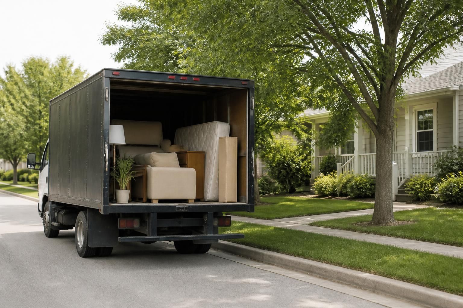 Neatly loaded junk removal truck parked beside a tidy curb.
