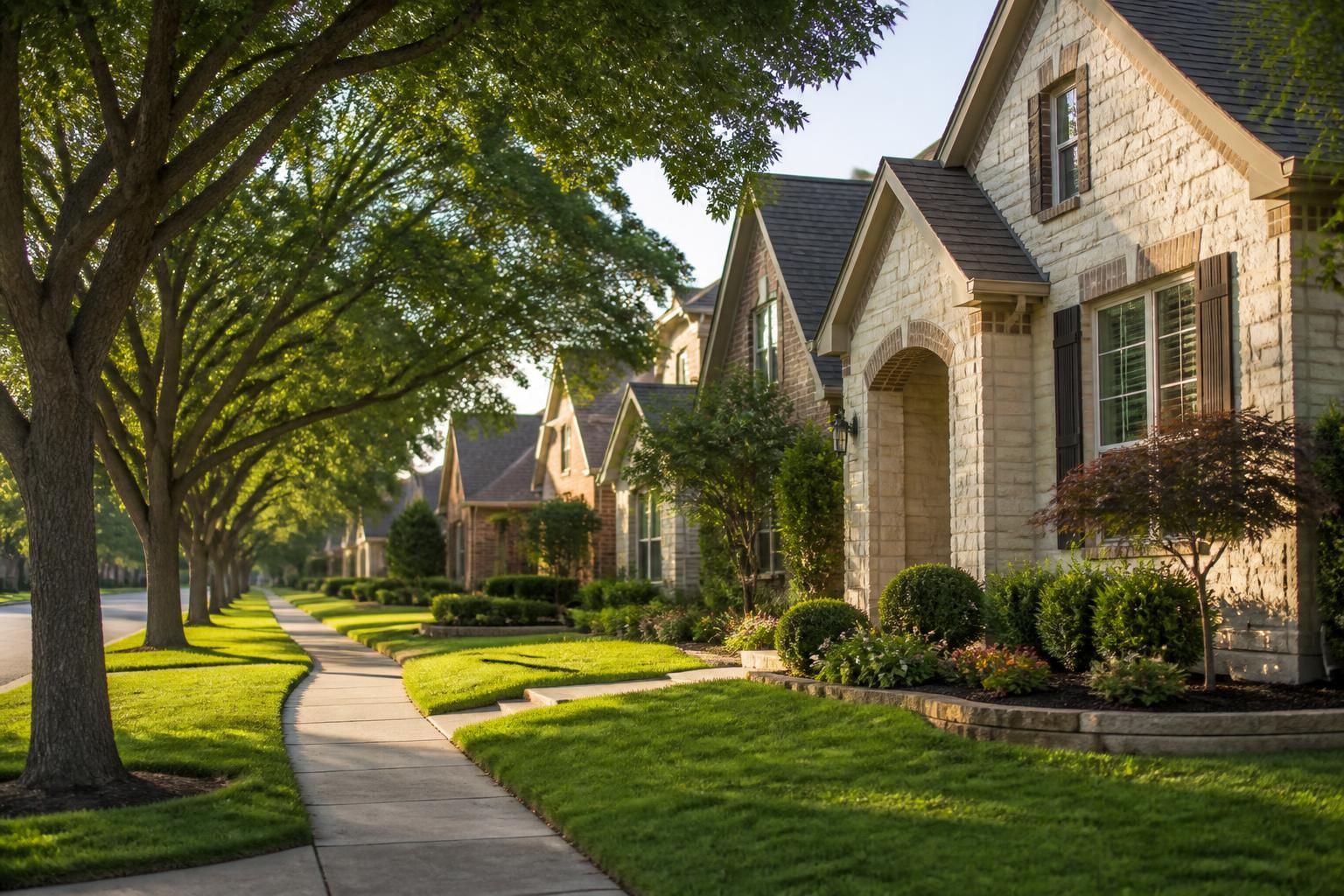 Plano neighborhood street lined with trees and homes.
